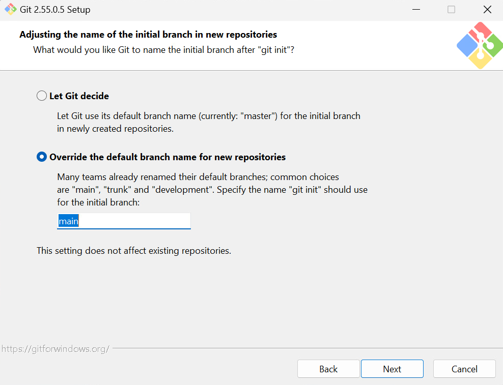 Set main as the default initial branch name in the Git for Windows installer.