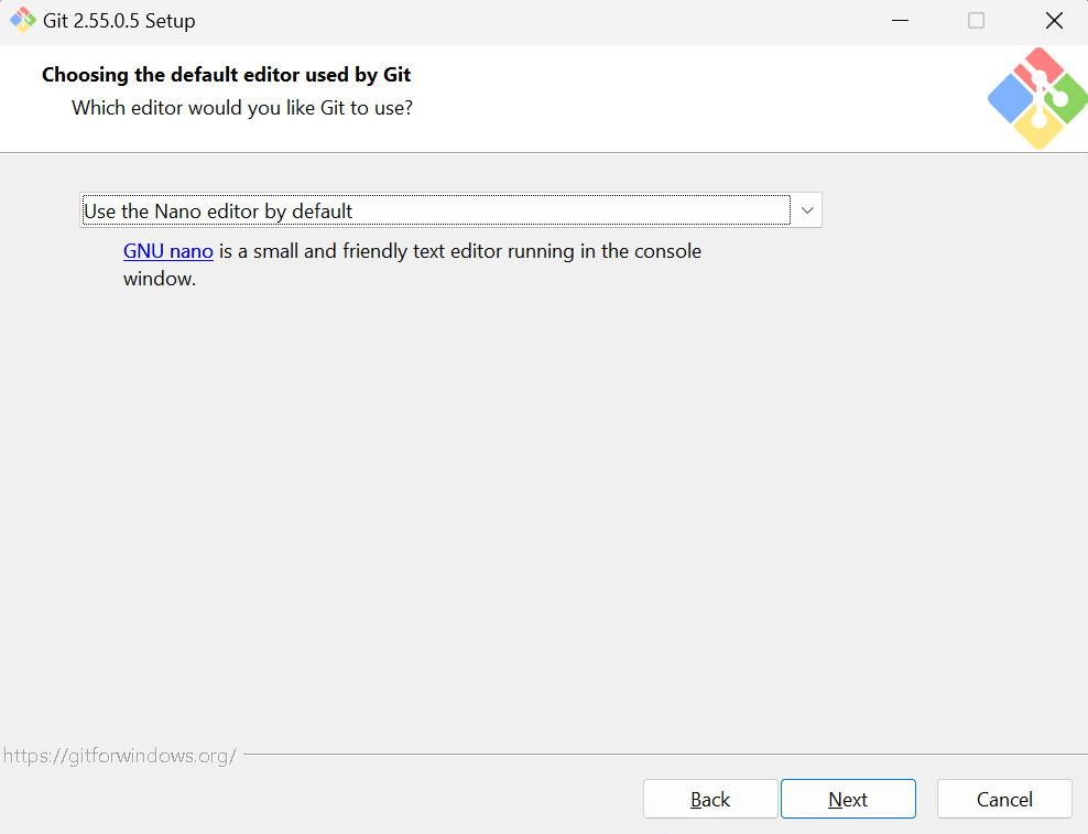 Select Nano as the default Git editor in the Git for Windows installer.