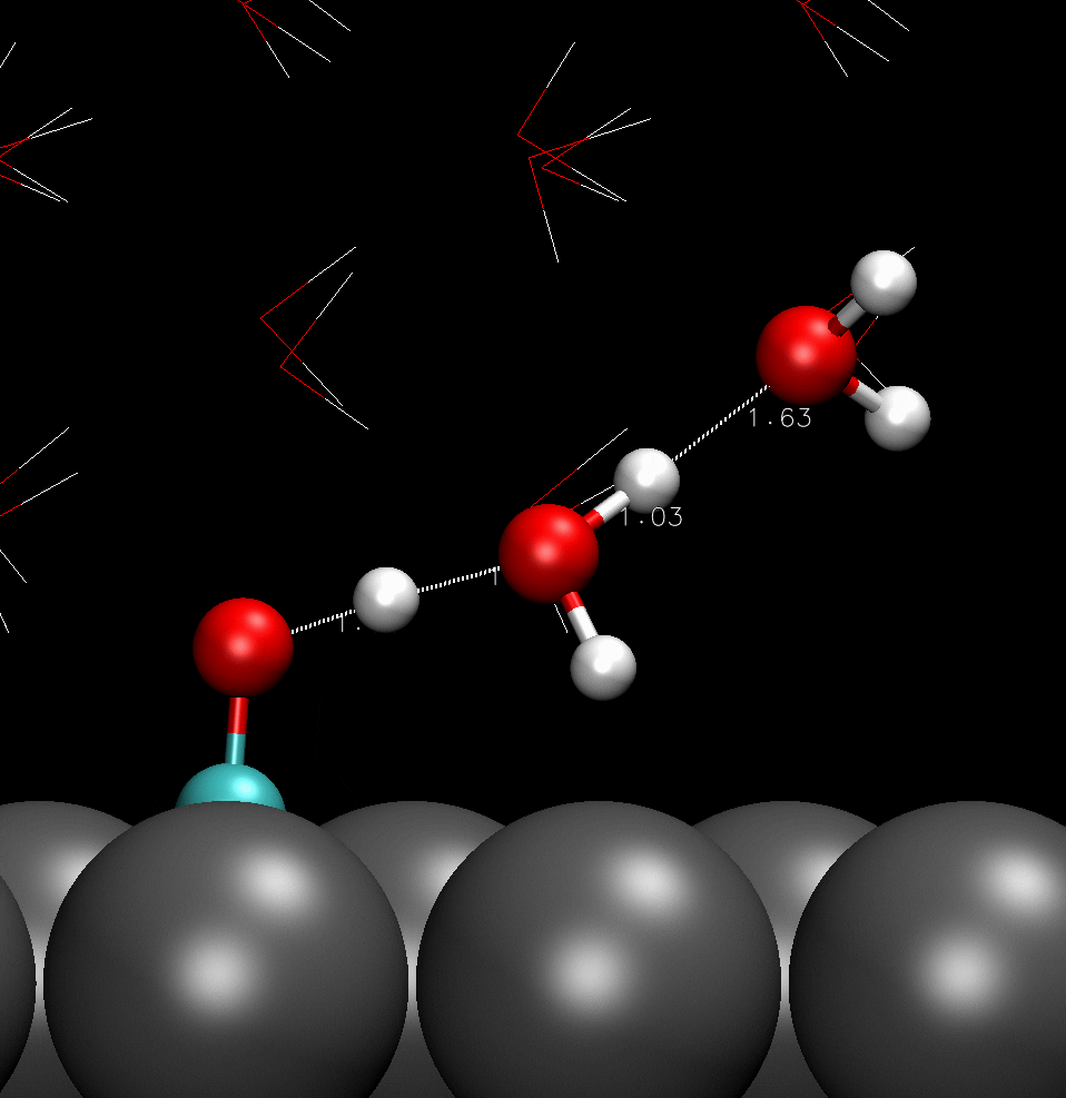 Animated molecular visualization of a COH species adsorbed on a catalyst surface and hydrogen-bonded to nearby water molecules