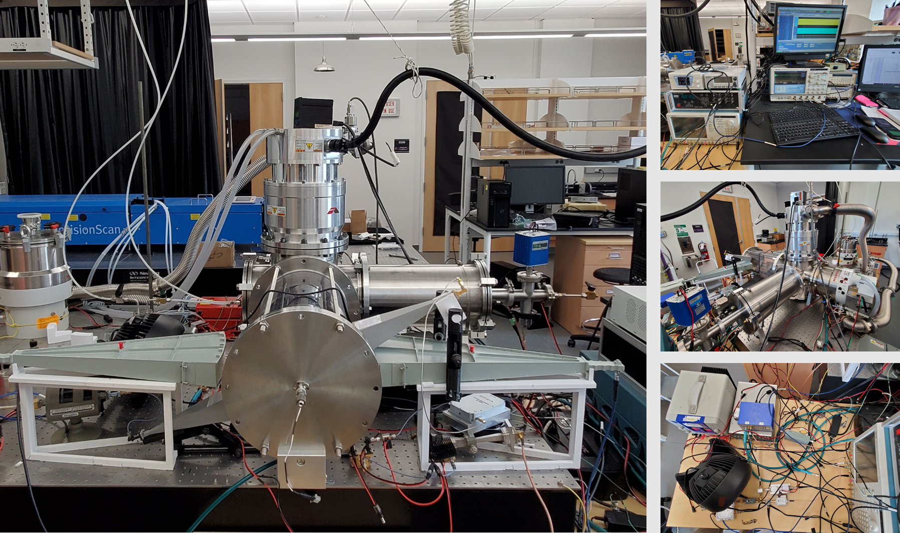 Collage showing the Gru Lab's microwave spectrometer, electronic instruments, computer controls, and custom wiring
