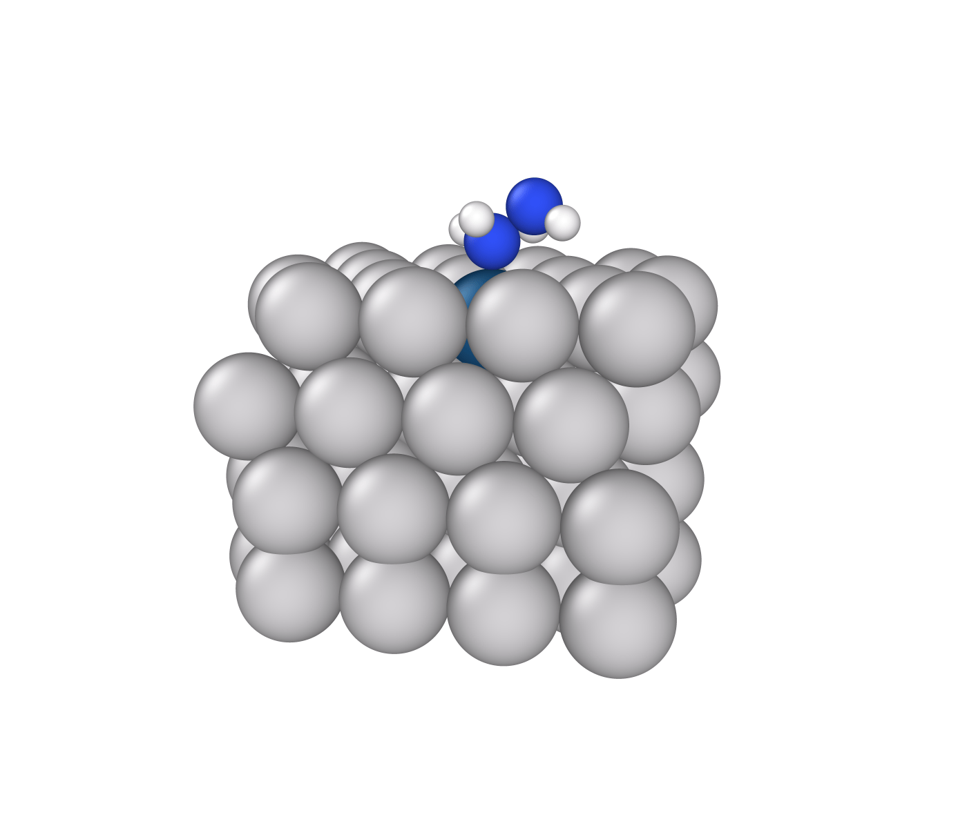 Animated molecular simulation showing hydrazine adsorbing on a platinum-iridium catalyst surface