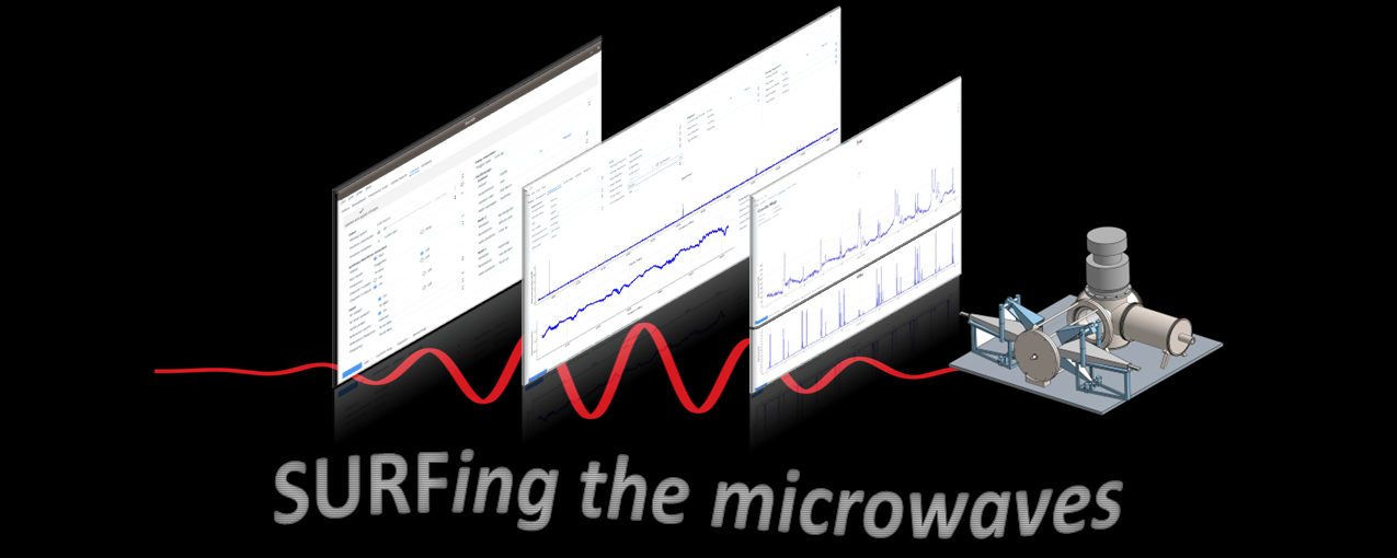 Graphical abstract showing SURF spectroscopy software interfaces connected by a microwave waveform to an illustration of a microwave spectrometer